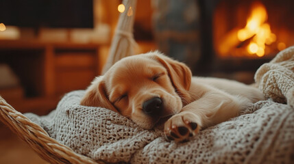 Obraz premium Cute puppy sleeping dog golden retriever baby dog cozy blanket indoor pet warm light fireplace background relaxed animal adorable canine peaceful cute puppy sleeping dog golden retriever baby dog