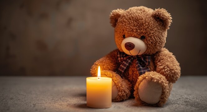 Thoughtful condolence setting with a cuddly bear and candlelight for child loss mourning