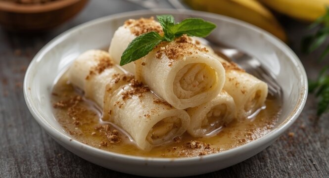 Rolled banana Es Pisang Ijo dessert with coconut milk and syrup in traditional Indonesian style