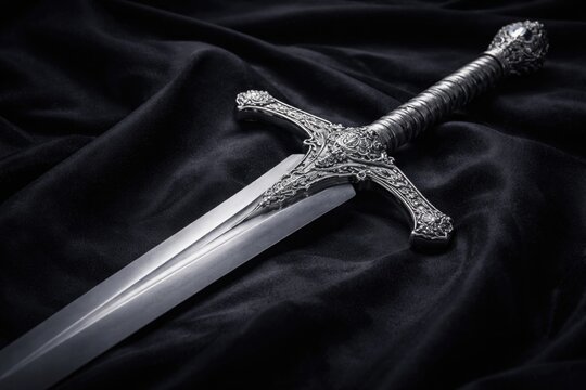 Elegant sterling silver sword with detailed engravings and matte finish blade on dark fabric background