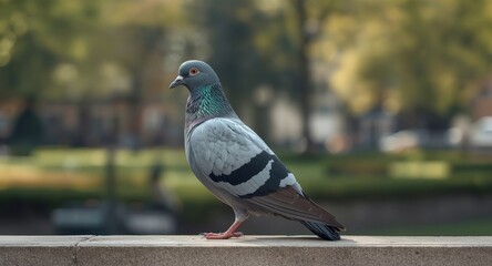 Fototapeta premium Side profile of a city dwelling pigeon against blurred background