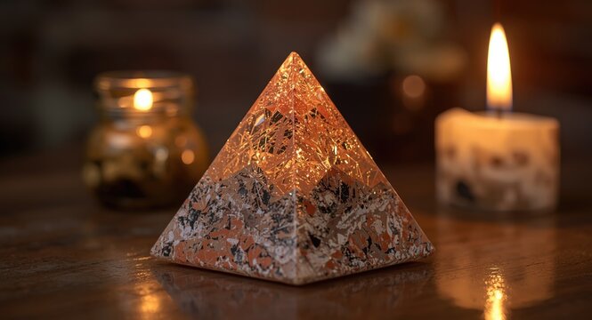Decorative small Orgonite pyramid altar inside home for boosting positive energy effects