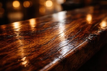 Obraz premium Glossy lacquered aged wood texture with soft bokeh background