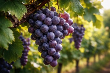 Fototapeta premium Close-up view of ripe grapes clustered on a grapevine in a lush vineyard setting