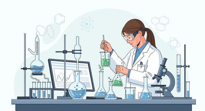 Female scientist in lab coat working with microscope and beaker