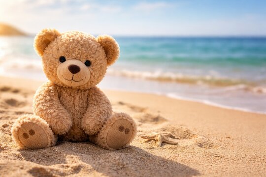 A cute teddy bear sitting on sandy beach with copy space for your message