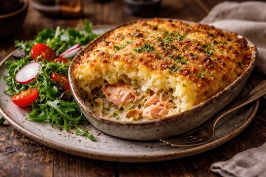 Delicious baked salmon parmentier served with fresh salad on rustic wooden table