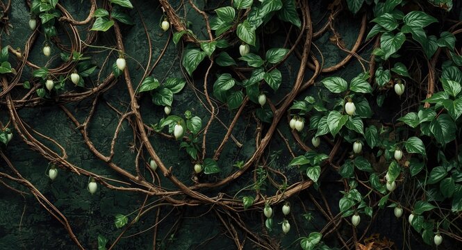 Twisted jungle vines supporting cowslip creeper medicinal plant with hanging leaves