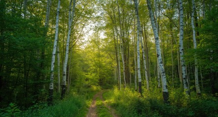 Fototapeta premium Wide angle perspective of a summer forest filled with birch trees