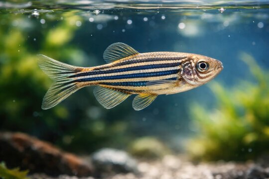 Close up of zebrafish swimming in a clear aquarium