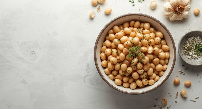 Top view of a bowl of cracked cannellini beans with garlic and herbs on a light surface with enough copy space for culinary advertising