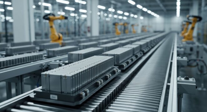 Factory line with robotic arms and packages moving along