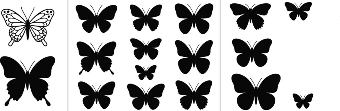 Butterfly silhouettes collection showing wing shapes, patterns, flying, ornamental, nature, insect, wildlife, decorative, design, garden, outdoor, biodiversity