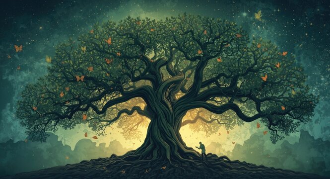 Metaphorical illustration of therapy for dementia as ancient trees regaining vitality