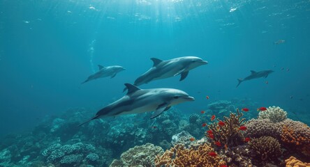 Obraz premium Ocean themed postcard capturing dolphins in turquoise waters around a coral reef with red fish
