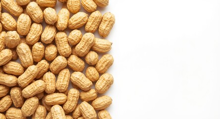 Obraz premium Highly focused close up of peanuts on a white neutral background with copy space