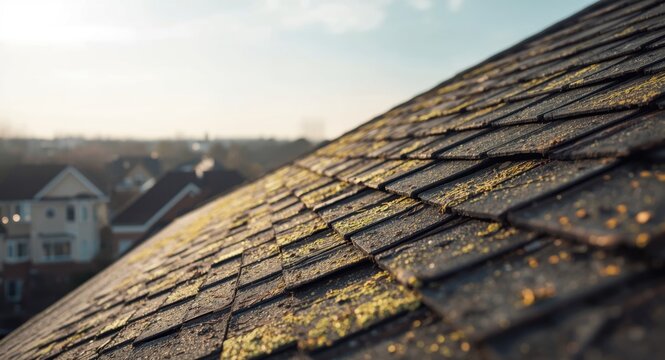 Shingles on roof showing signs of algae and moisture damage as indicators of aging and water problems
