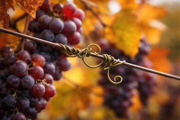 Fototapeta premium Close-up view of grapevine tendrils winding on support wire amid clusters of mature grapes showing warm fall hues