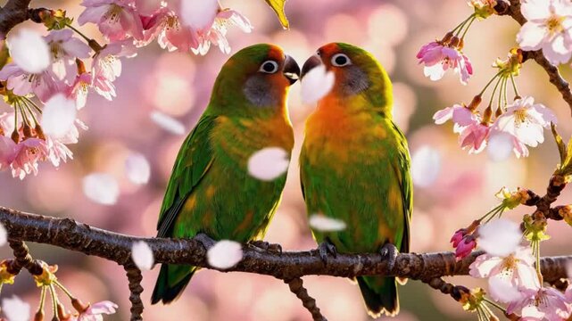 Two vibrant lovebirds sharing a tender moment on a cherry blossom branch with soft pink petals gently drifting in animation.