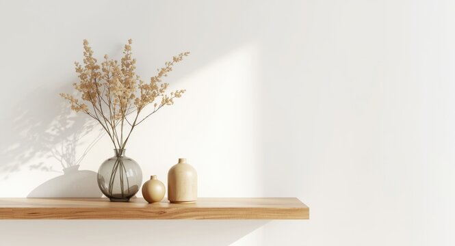 Minimalistic modern vases on timber shelf enhance soft studio apartment background