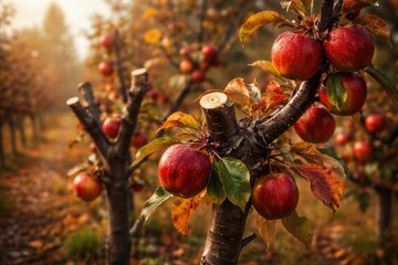 Fototapeta premium Close up image of young apple trees pruned during autumn harvest
