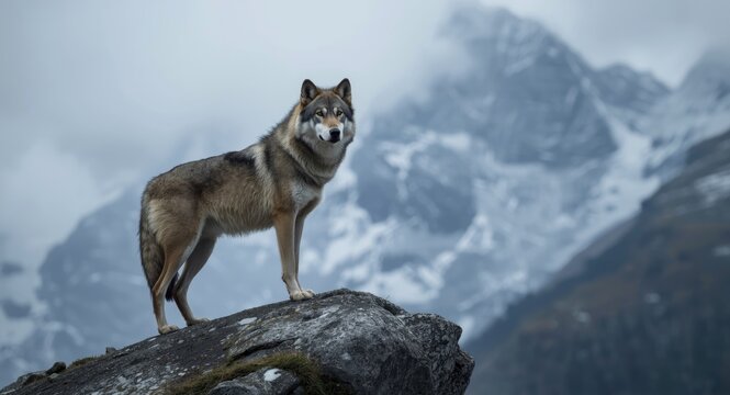 valiant wolf standing majestically on a chilly mountain crown
