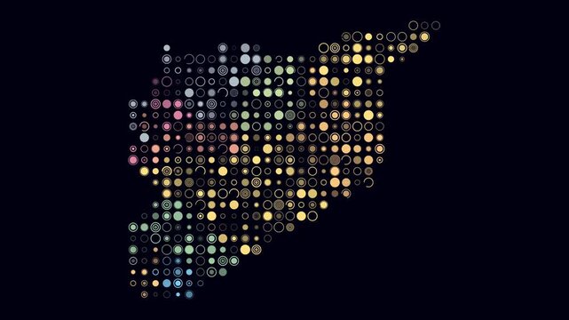 Syria animated country shape. Pulsating colored dots on the map of the country. Large size circle blocks. Digital style Syria map on dark background. Beautiful animation video.