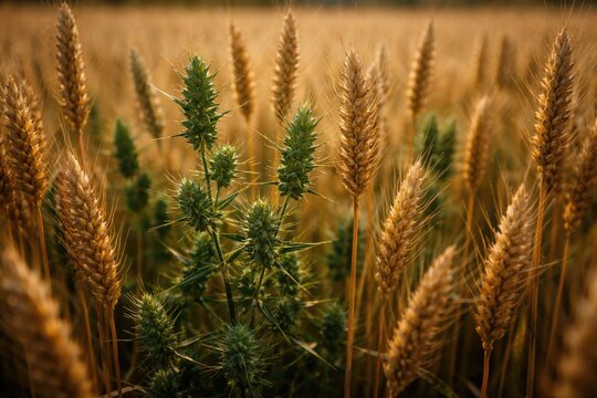 Green thorny tares growing among mature wheat stalks in a harvest field