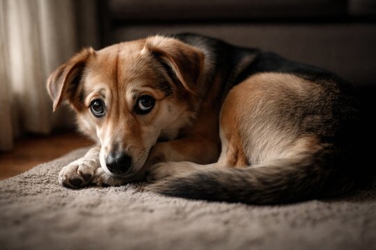 Shy dog exhibiting timid behavior in quiet setting