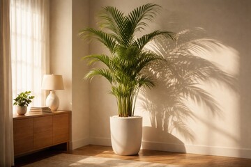 Fototapeta premium Indoor corner featuring a tall palm tree in a white planter casting elegant shadows on the wall