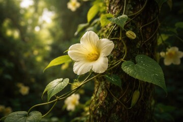 Fototapeta premium Delicate pale yellow vine flower blooming wild on climbing trees in natural habitat