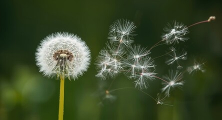 Fototapeta premium Gentle breeze dispersing dandelion seeds with white fluffy tufts