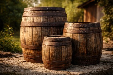 Naklejka premium Three wooden barrels of different sizes arranged outdoors