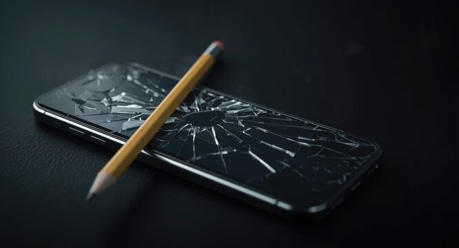 Symbolic representation of bullying with shattered smartphone screen and pencil snapped