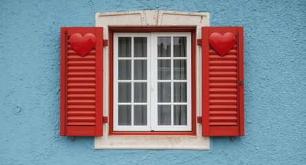 Obraz premium Retro style window with heart shaped shutters on a blue textured background