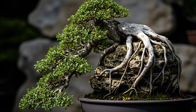Artistic bonsai tree with roots growing over a rock in a pot