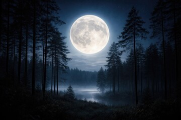 A glowing full moon rising above slender tall trees in a serene nighttime landscape © vxnaghiyev