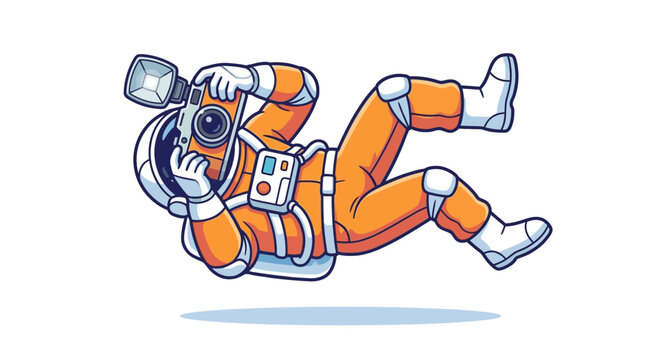 Cartoon astronaut photographer in orange suit floating in zero gravity while holding camera and flash, ideal for photography studio branding, creative content and science education blog post