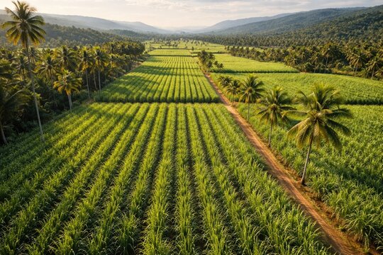 Aerial perspective of thriving sugarcane plantations with palm trees in a tropical farming landscape