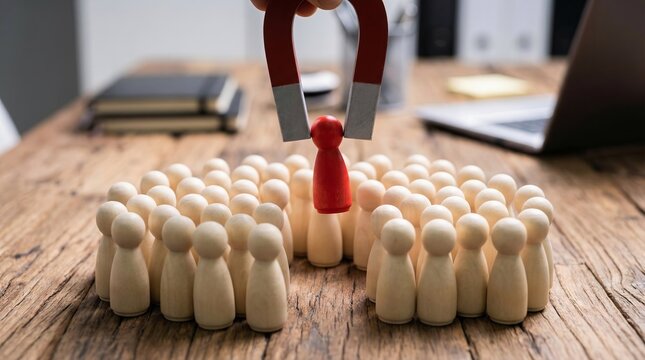 Magnet pulling peg figures, symbolizing talent acquisition, recruitment strategy