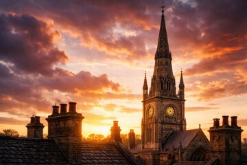 Naklejka premium Antique church steeple and chimney tops under a vibrant sky at sunset