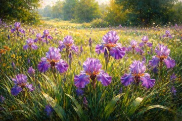 Obraz premium A colorful painting of a field with blooming purple irises against a lush green backdrop