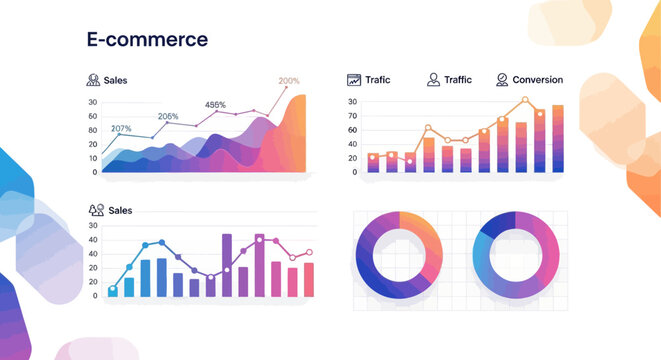 E-commerce business infographics, colorful charts and graphs, data visualization, vector analytics