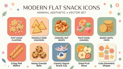 Fototapeta premium A vector set of modern flat snack icons featuring various treats like puff grain clusters, crackers, nuts, gummies, chips, wafers, granola, yogurt, and dried fruit slices.
