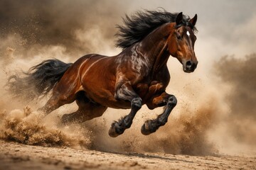 Fototapeta premium Powerful stallion galloping fast on sandy ground with dust clouds in action editorial