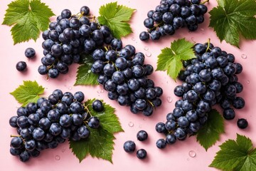 Fototapeta premium Ripe Dark Blue Grapes with Green Leaves on Soft Pink Background