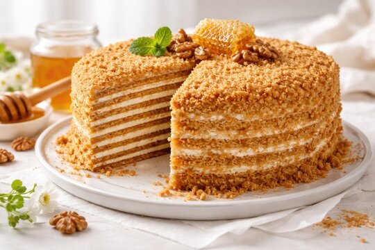 Traditional Russian medovik cake with creamy layers on a white background