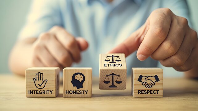 A close-up photograph of a person carefully arranging wooden blocks, symbolizing core business ethics and values like integrity, honesty, and respect
