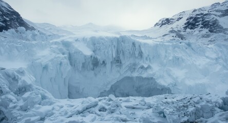Obraz premium large snow avalanche engulfing frozen mountainous landscape