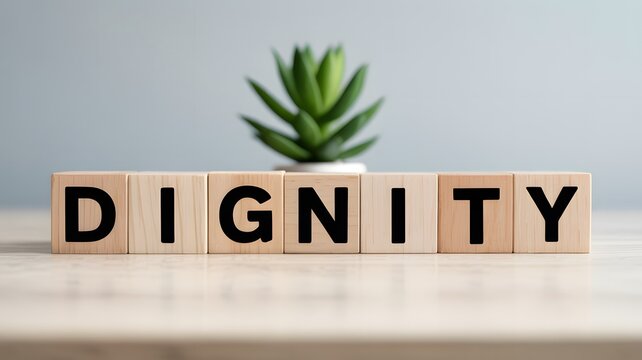 Wooden blocks spell out the word 'DIGNITY' on a desk, symbolizing respect and self-worth in a professional setting